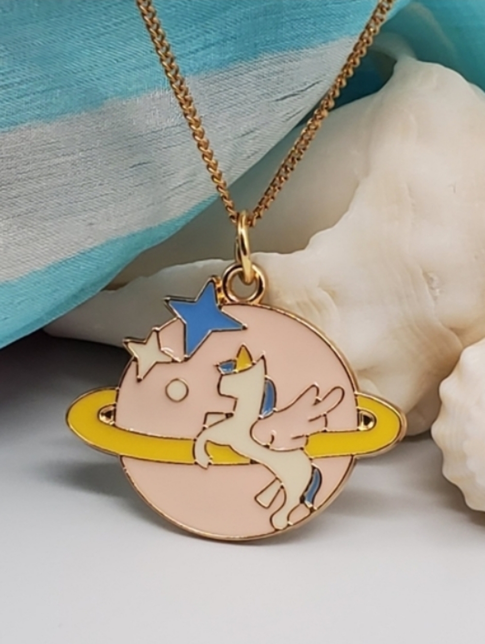 Planet Universe Unicorn Pendant 14k GP Gold Plated Chain Unique Necklace